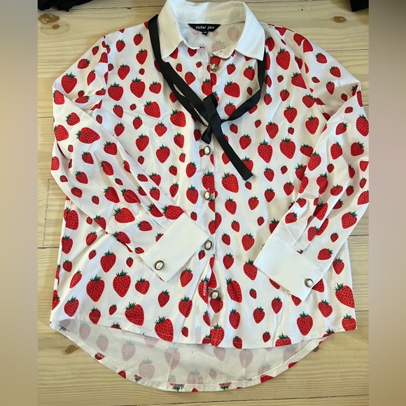SOLD** Sister Jane Strawberry Court white silk red print bow tie blouse top M - Picture 7 of 9